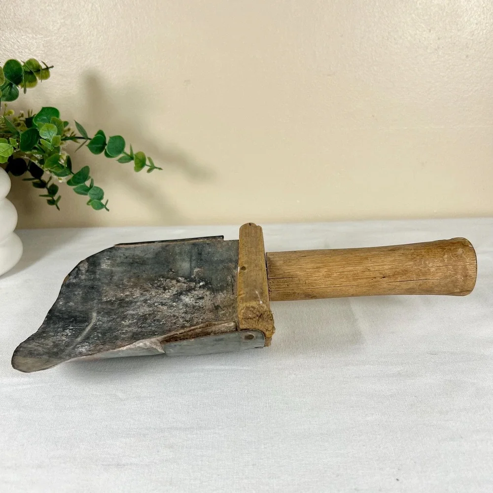 Antique Rustic Primitive Grain Feed Scoop With Wooden Handle